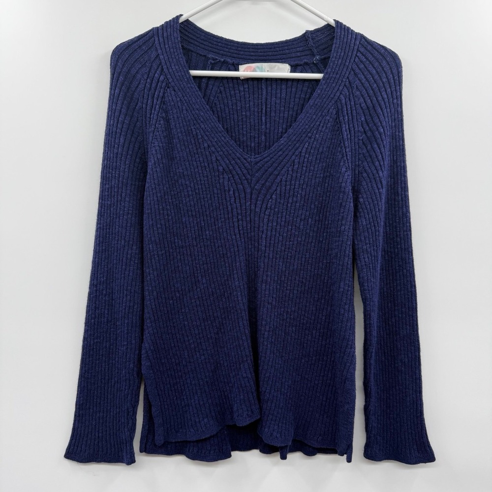 FP Beach Free People Navy Ribbed V-Neck Sweater - Cotton Linen Blend - Size S